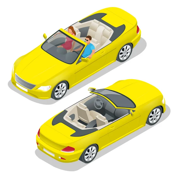 Cabriolet carro ilustração vetor isométrica. Plano 3d imagem conversível. Transporte para viagens de verão. Carro esporte veículo . —  Vetores de Stock