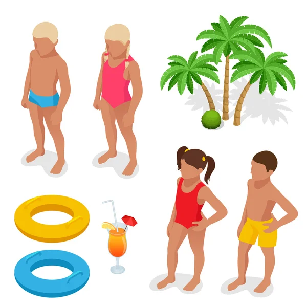Lány és fiú egy fürdőruhát, pálmafa, az élet preserver, narancslé. Summertime koncepció. Lapos 3D vektor izometrikus készlet ikonok — Stock Vector
