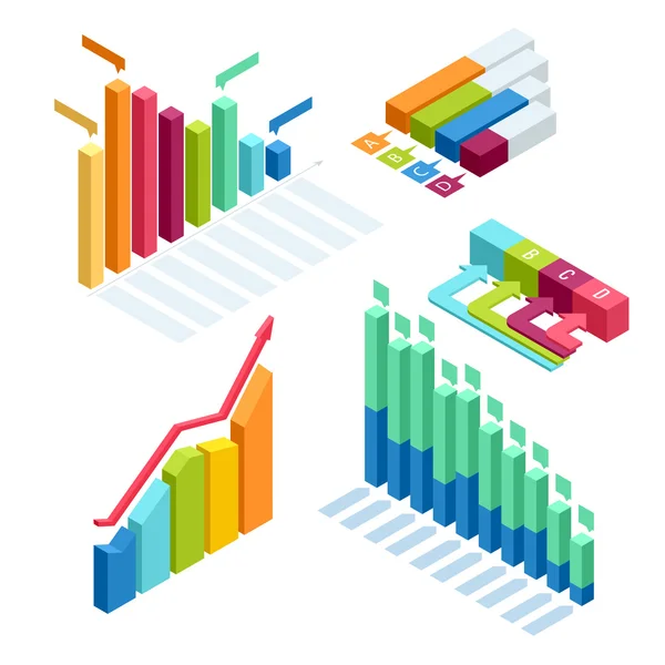 Ábra és grafikai izometrikus, üzleti diagram adatfinanszírozás, grafikon jelentés, információ adatok statisztika, infographic elemzési eszközök illusztráció. — Stock Vector