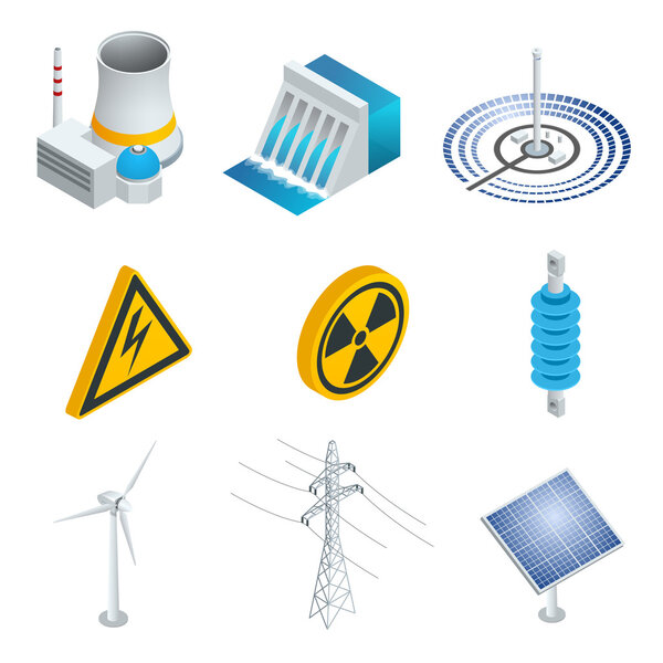 Атомная электростанция, Солнечная электростанция, Ветряная турбина, солнечная панель, гидроэлектростанция. 3-й плоский изометрический набор. Векторная иллюстрация промышленных икон
.