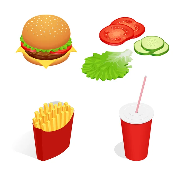 Vektorillusztráció izometrikus élelmiszer burger, hasábburgonya, Cola, uborka, paradicsom, saláta. Gyorséttermi koncepció. Ízletes snack. — Stock Vector