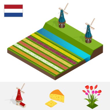 Hollanda yel değirmeni ve renkli lale çiçekleri, Hollanda. Semboller Hollanda peyniri, yel değirmeni, lale, bayrak. Düz 3d vektör isometrik illüstrasyon