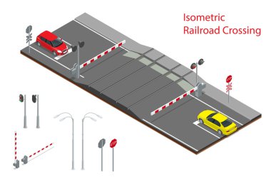 Vector isometric illustration of  Railway crossing. A railway level crossing, with barriers closed and lights flashing. clipart