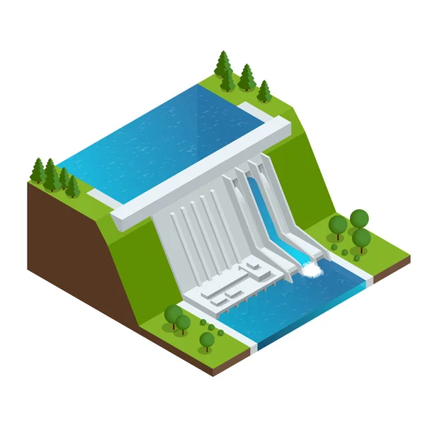 Wasserkraftwerk. Fabrikelektrisch. Wasserkraftwerk Damm Stromnetz Energieversorgungskette. flache 3D-Vektor-Illustration isometrisches Gebäude. — Stockvektor