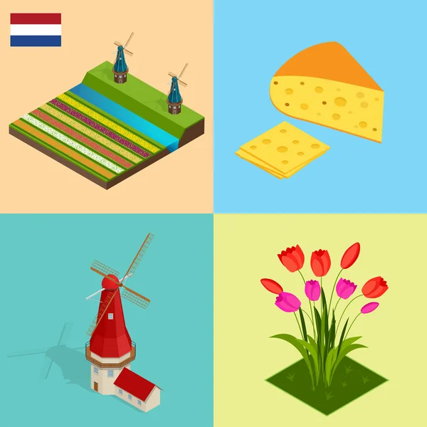 Mulino a vento olandese e fiori di tulipani colorati, Paesi Bassi. Simboli Olanda formaggio, mulino a vento, tulipani, bandiera. Illustrazione isometrica piatta del vettore 3d — Vettoriale Stock