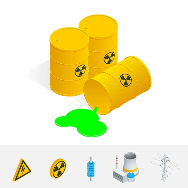 Debris Atomic Energy (em inglês). Radiação de perigo. Ilustração isométrica plana do vetor 3d . — Vetor de Stock