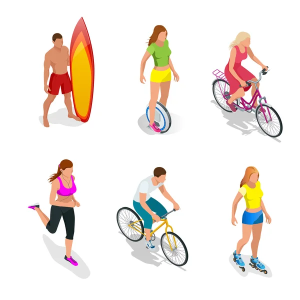 男はサーフボードを手にして立っている。ローラースケートの女の子。一輪のセルフバランシング電動スクーター。走ってる女の子アクティブアイソメベクトル人。自転車に乗ったサイクリスト。健康的なライフスタイル. — ストックベクタ