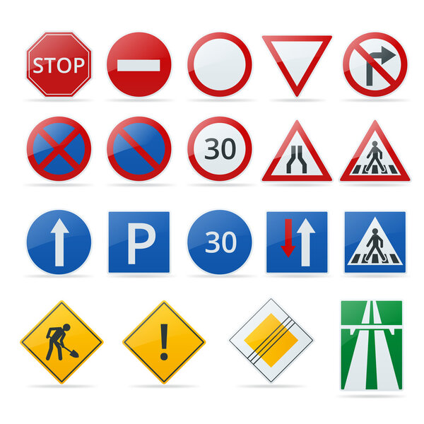 European traffic signs collection. Signs of danger. Mandatory signs. Signs of obligations. Signs of alerts.