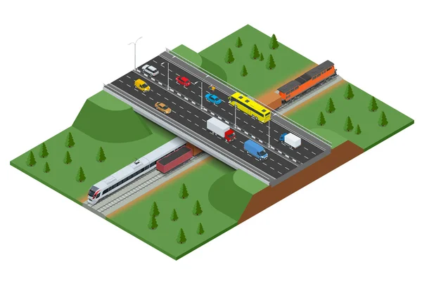 Eisenbahnstraße und Gleise mit dem Verkehr. moderne Hochgeschwindigkeitszüge und Güterzüge. flaches 3D-Vektor-isometrisches Konzept. — Stockvektor