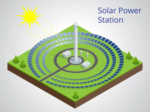 Isometrische vectorillustratie van een zonne-energiecentrale. Winning van energie uit hernieuwbare bronnen. Opwekking van elektriciteit met behulp van zonne-energie. — Stockvector