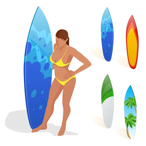 Femme est debout avec une planche de surf dans ses mains. Illustration isométrique vectorielle 3D plate. Sports nautiques extrêmes . — Image vectorielle