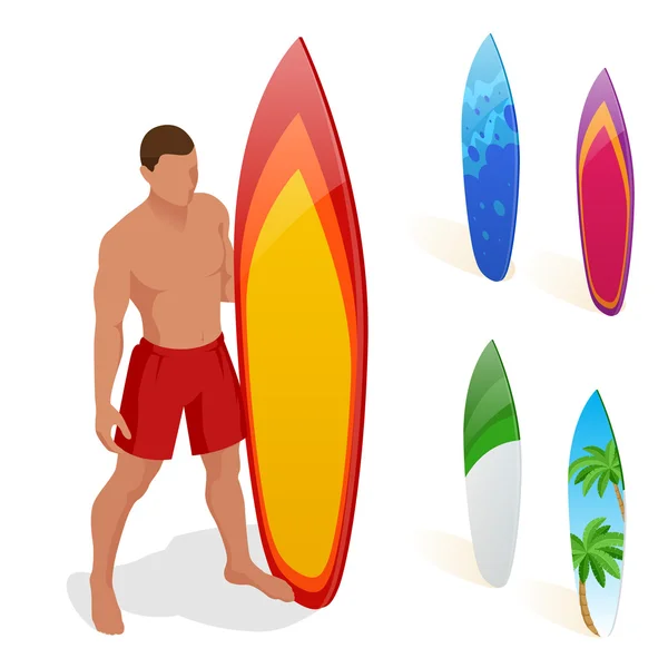 O homem está de pé com uma prancha de surf nas mãos. Ilustração isométrica plana do vetor 3d. Esportes aquáticos extremos . — Vetor de Stock