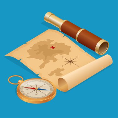 Bir harap eski parşömen spyglass ve pusula vektör izometrik çizim ile korsan hazine haritası