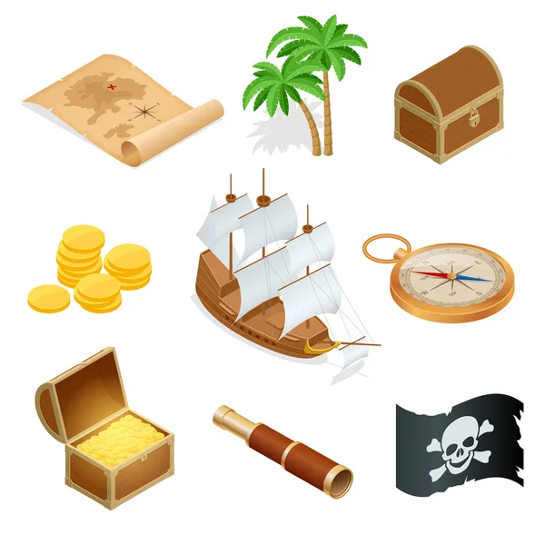 Isometric Pirate accesorii pictograme plate. Colecție cu pieptul comorii din lemn și steagul negru jolly roger. Ilustrație vectorială — Vector de stoc