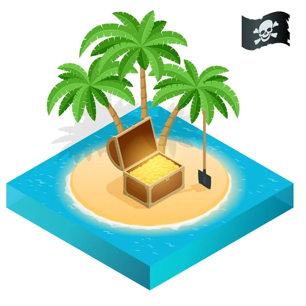 Tesouro pirata em uma praia tropical com palmeiras e tesouros . — Vetor de Stock