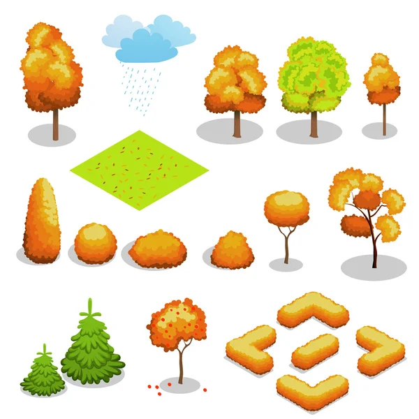 Isometric vector autumn tree set. Landscape constructor kit. Different trees for make design. — Stock Vector