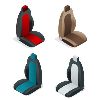Modern araba koltuğu simgeler kümesi. Düzenlenebilir otomotiv koleksiyonu. Vektör izometrik 3d düz çizim.
