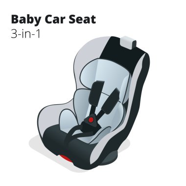 Bebek ve çocuk, beyaz arka plan üzerinde izole için Emanet araba koltuğu. Düz 3d izometrik çizim vektör. Araba koltuk 3 in 1.