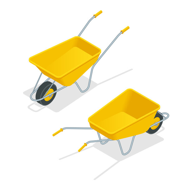 Садовник с саженцами в тачке, солнечная природа. Векторная изометрическая трехмерная плоская иллюстрация
.