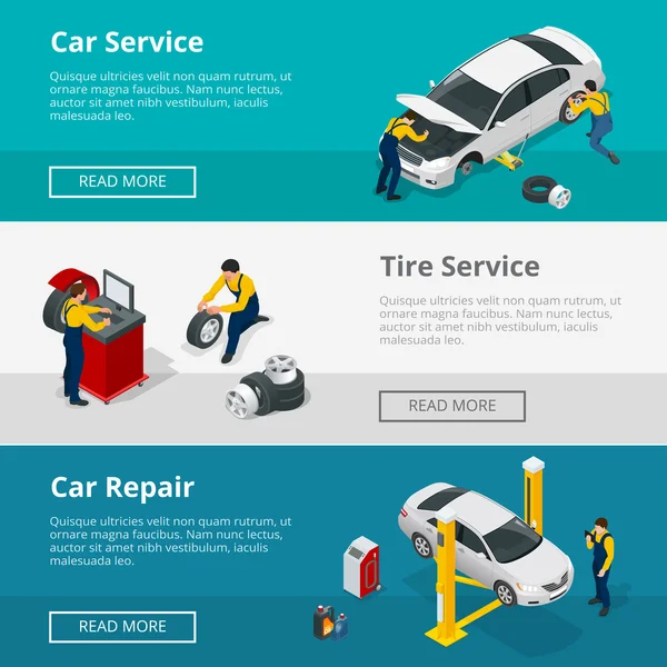 Bandeiras horizontais planas com trabalhadores de cenas no centro de serviços de reparo de carros, serviço de pneus e mecânica de reparo de carros. Bandeiras isométricas vetoriais para web . —  Vetores de Stock