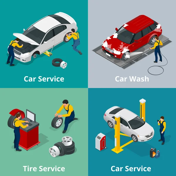 Banderas horizontales planas con escenas de trabajadores en el centro de servicio de reparación de automóviles, servicio de neumáticos, lavado de coches y mecánica de reparación de automóviles. Banderas isométricas vectoriales para web . — Vector de stock