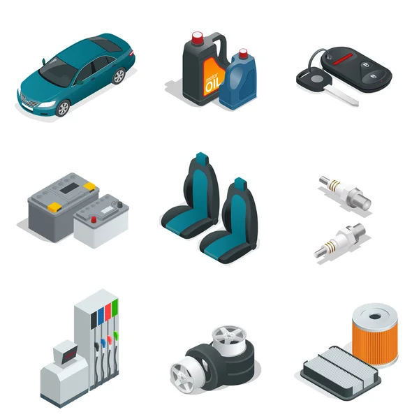 Elementos isométricos del coche. Icono de mantenimiento del servicio de coche. Ilustración plana vector 3d . — Vector de stock