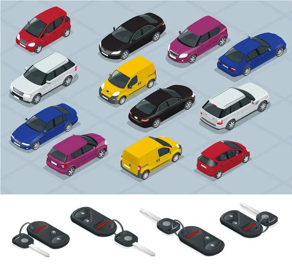 Iconos de llaves de coche y coche. Llaves del coche. Plano 3d vector isométrico de alta calidad ciudad transporte coche icono conjunto. Coche, furgoneta, camión de carga, todoterreno. Sistema de transporte. Conjunto de transporte público urbano y de mercancías . — Vector de stock