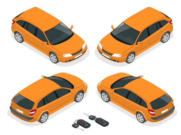 Isométrico hatchback y llaves del coche. Vector 3d transporte plano. Coche hatchback . — Vector de stock