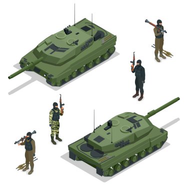 Tank Amerikan ve askerler. Vektör izometrik çizim. 3D izometrik yüksek kaliteli askeri araçlar makine taşıma düz.