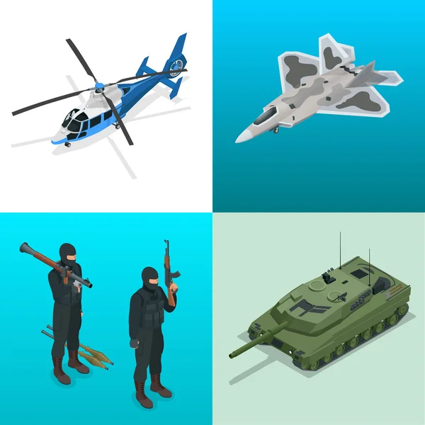 Iconos isométricos helicóptero, aviones, tanques, soldados. Plano 3d vector de alta calidad vehículos militares de transporte de maquinaria . — Vector de stock