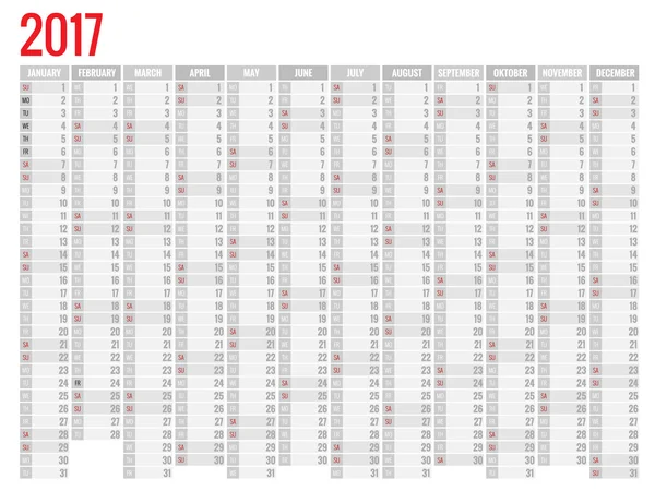 Plochý design jednoduchý kalendář 2017 — Stockový vektor