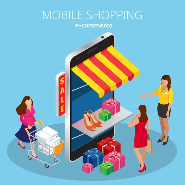 Mobile shopping e-commerce negozio online flat 3d concetto di infografica isometrica — Vettoriale Stock