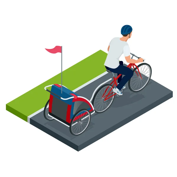 Vélo isométrique avec remorque de vélo pour enfants . — Image vectorielle