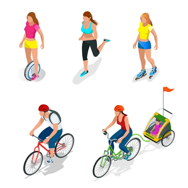 Bicicleta Isométrica. Ciclistas Familiares. Roller Skating menina . — Vetor de Stock