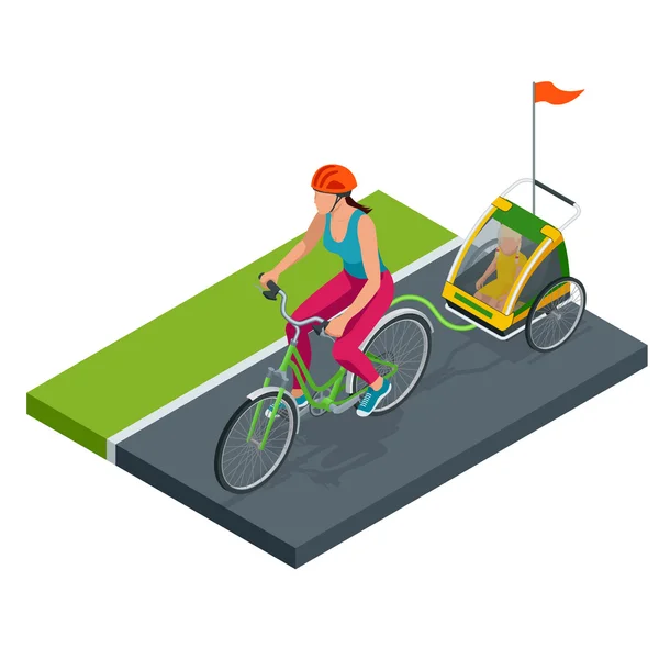 Sepeda Isometrik dengan Trailer Sepeda Anak . - Stok Vektor