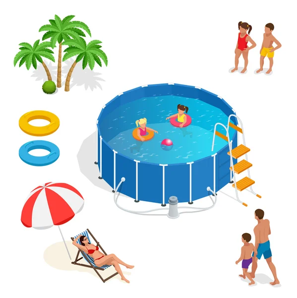 Isométrica piscina de plástico portátil y personas — Vector de stock