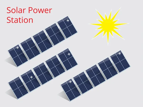 Ilustración isométrica de una central solar — Archivo Imágenes Vectoriales