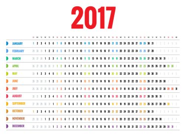 Duvar 2017 yıl için aylık takvim tasarımı. Hafta başlar Pazar. 12 ay kümesi.