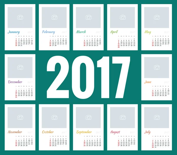 Projeto de parede calendário mensal para 2017 Ano. Modelo de impressão com lugar para foto, seu logotipo e texto. A semana começa domingo. Conjunto de 12 Meses . — Vetor de Stock