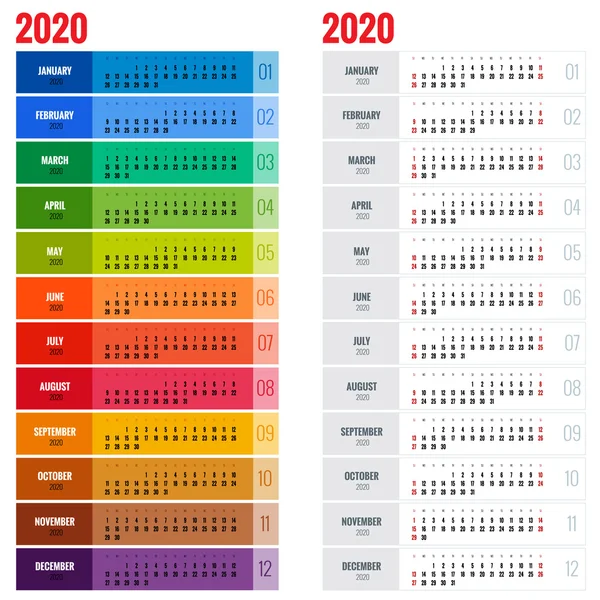 Yıllık duvar takvim planlayıcısı için şablon 2020 yıl. Vektör tasarım yazdırma şablonu. Hafta başlar Pazar.