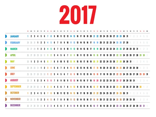 Návrh nástěnný měsíční kalendář pro rok 2017. Týden začíná v neděli. Sada 12 měsíců. — Stockový vektor