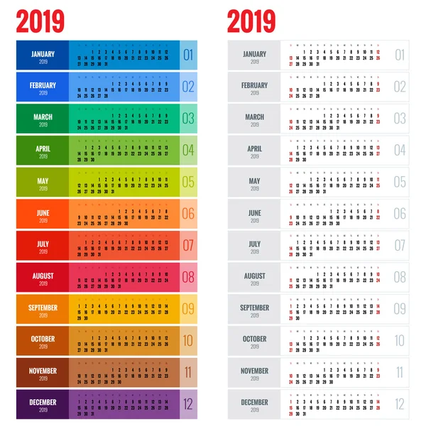 Modelo de Planejador de Calendário de Parede Anual para 2019 Ano. Modelo de impressão de design vetorial. Semana começa domingo . —  Vetores de Stock