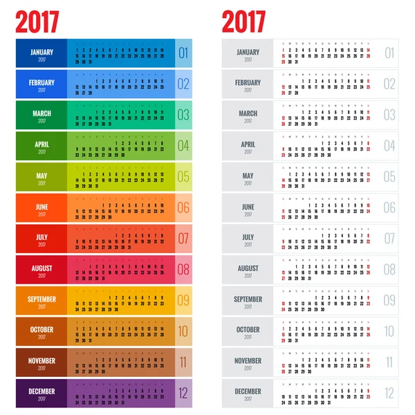 Plantilla de planificador de calendario de pared anual para 2017 Año. Plantilla de impresión de diseño vector. Semana comienza el domingo . — Archivo Imágenes Vectoriales