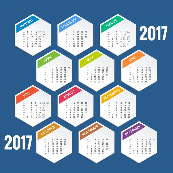 Projeto de parede calendário mensal para 2017 Ano. A semana começa domingo. Conjunto de 12 Meses . — Vetor de Stock