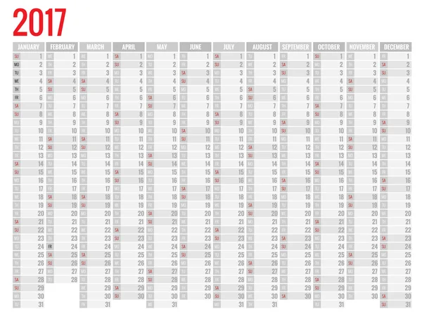 Duvar 2017 yıl için aylık takvim tasarımı. Hafta başlar Pazar. 12 ay kümesi.