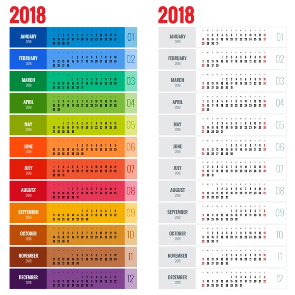 Ежегодный шаблон календаря на 2018 год. Шаблон для печати векторного дизайна. Неделя начинается в воскресенье . — стоковый вектор