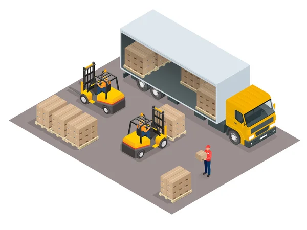 Logistiek concept. Laden van vracht in de vrachtwagen. Delivery Service vector isometrische illustratie. — Stockvector