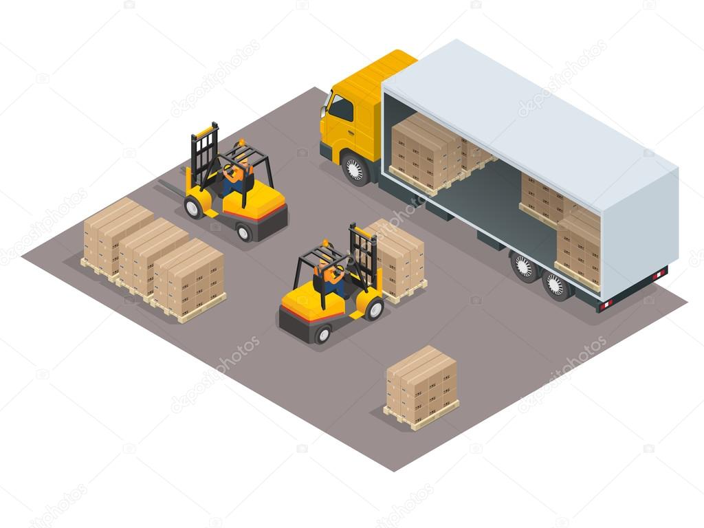 Logistics concept. Loading cargo in the truck. Delivery service vector isometric illustration.