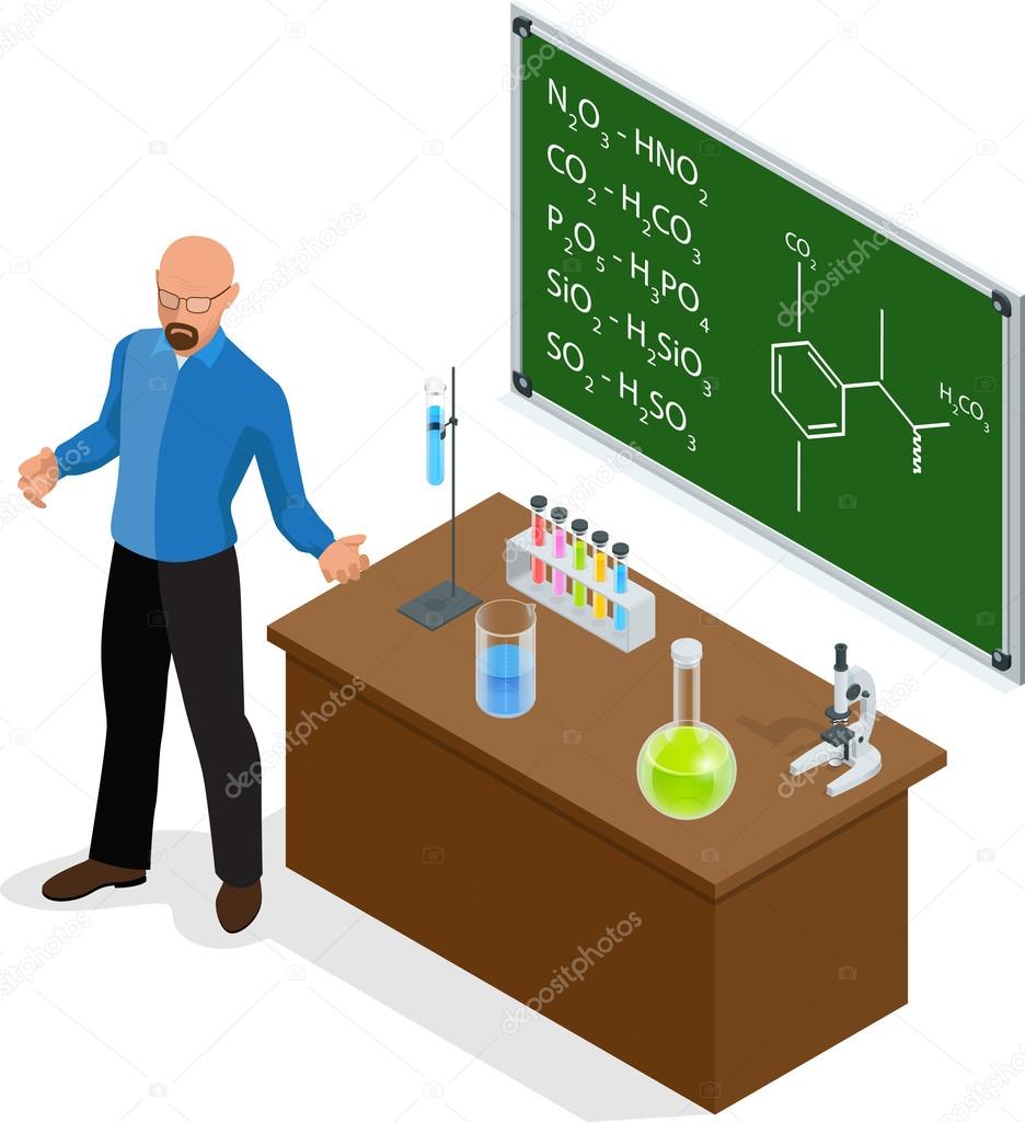 Isometric Scientist has performed a successful experiment in chemistry. Chemistry lesson making experiments. Laboratory test tubes and flasks with colored liquids on the table of elements.