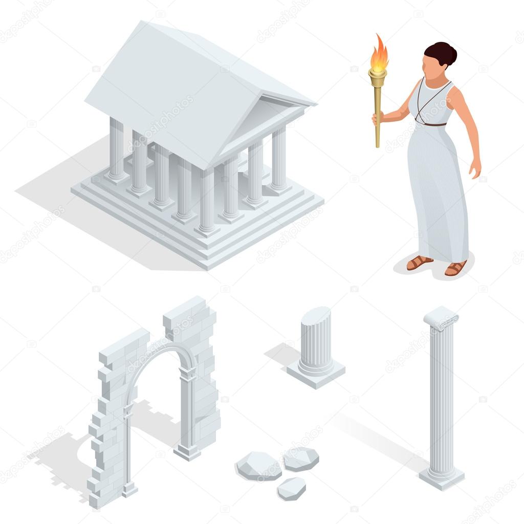 Isometric Greek temple, Greek goddess of beauty Aphrodite. Acropolis of Athens ancient monument in Greece. Flat cartoon style historic sight showplace attraction web site vector illustration.